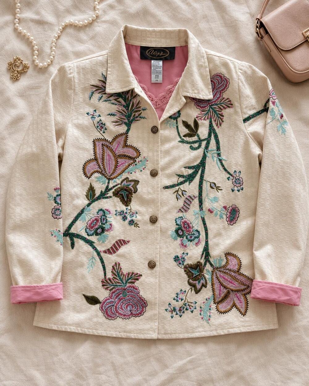 Vintage Alex Kim Embroidered Jacket, Cream Floral Art-to-Wear Blazer PS
